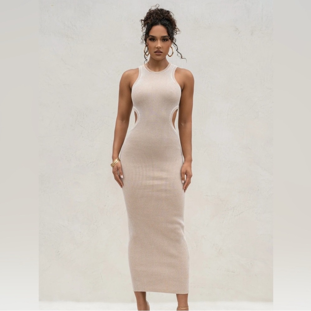 NWT JLuxLabel Made To Move cutout ribbed dress Taupe/White size small